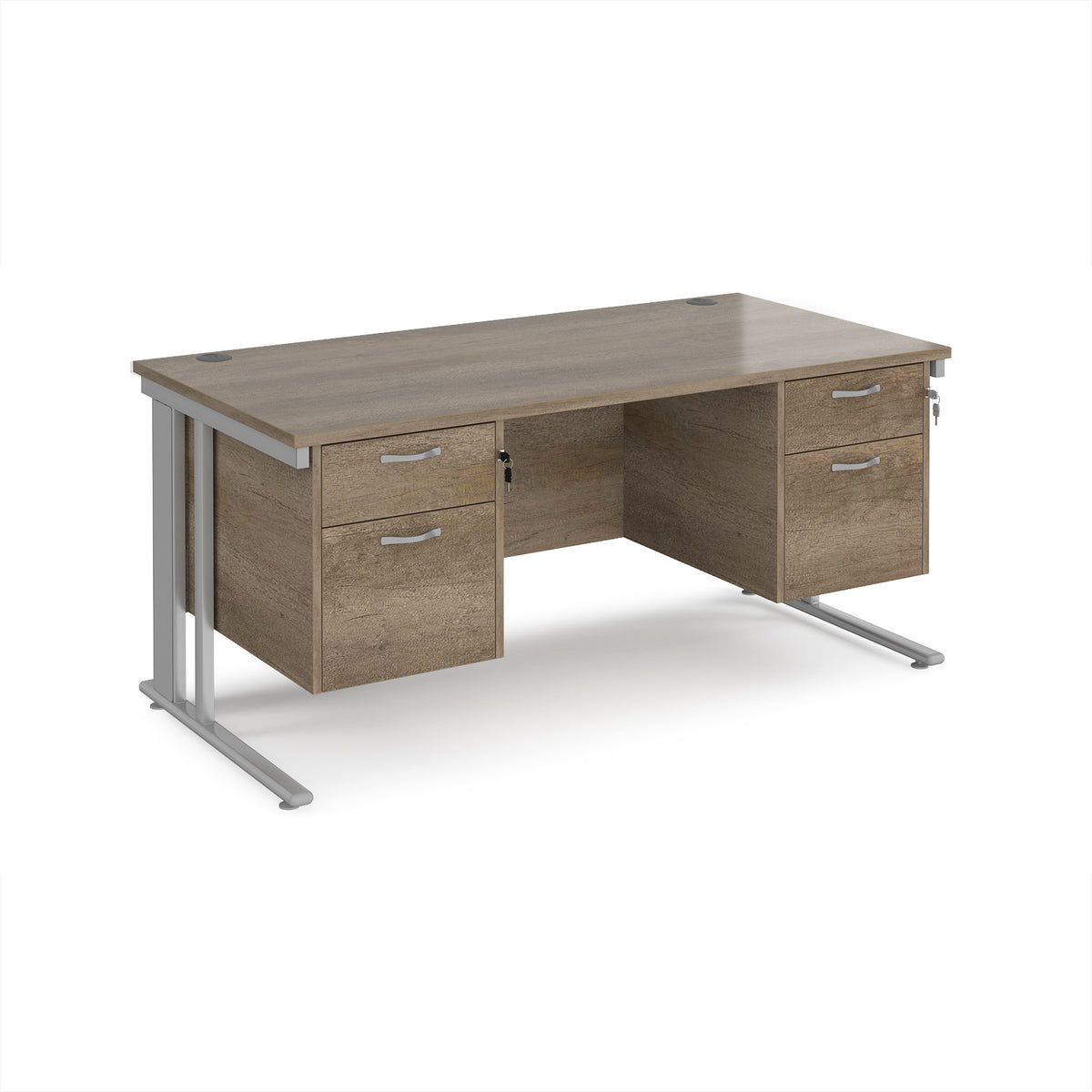 Maestro 25 straight desk 1600mm x 800mm with two x 2 drawer pedestals - silver cable managed leg frame, Nebraska Oak Top - view 1