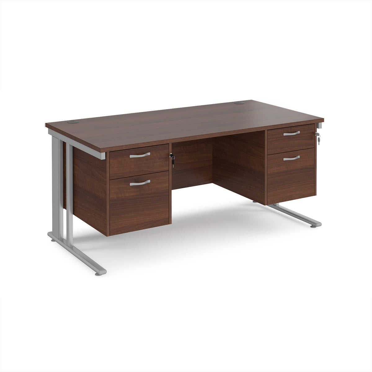 Maestro 25 straight desk 1600mm x 800mm with two x 2 drawer pedestals - silver cable managed leg frame, Walnut top - view 1