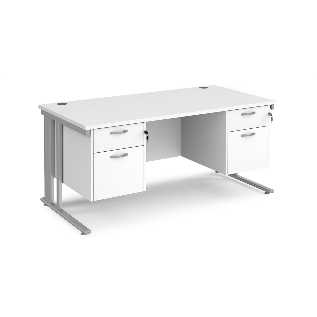 Maestro 25 straight desk 1600mm x 800mm with two x 2 drawer pedestals - silver cable managed leg frame, White Top - view 1