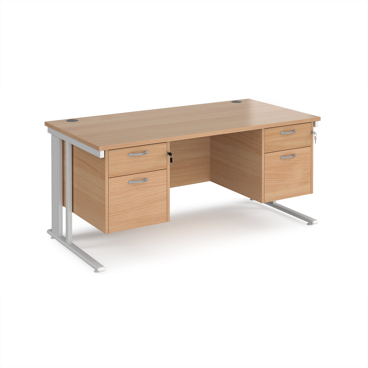 Maestro 25 straight desk 1600mm x 800mm with two x 2 drawer pedestals - white cable managed leg frame, Beech top - view 1