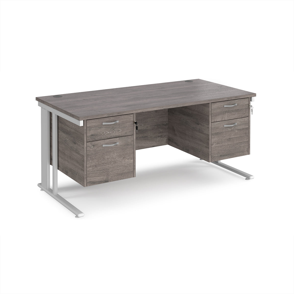 Maestro 25 straight desk 1600mm x 800mm with two x 2 drawer pedestals - white cable managed leg frame, Grey Oak Top - view 1