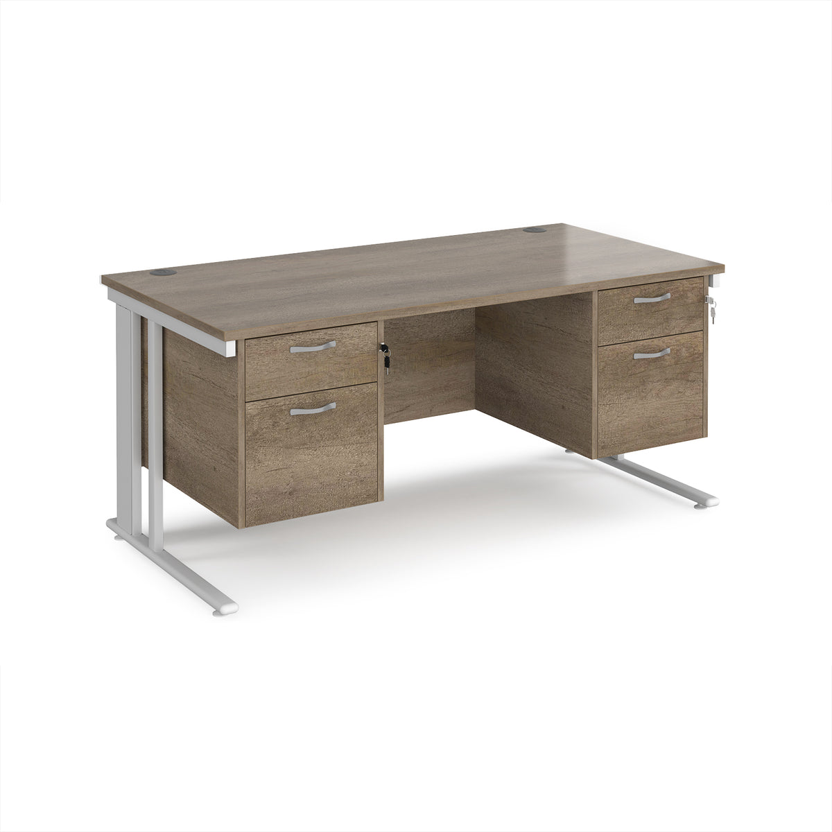 Maestro 25 straight desk 1600mm x 800mm with two x 2 drawer pedestals - white cable managed leg frame, Nebraska Oak Top - view 1