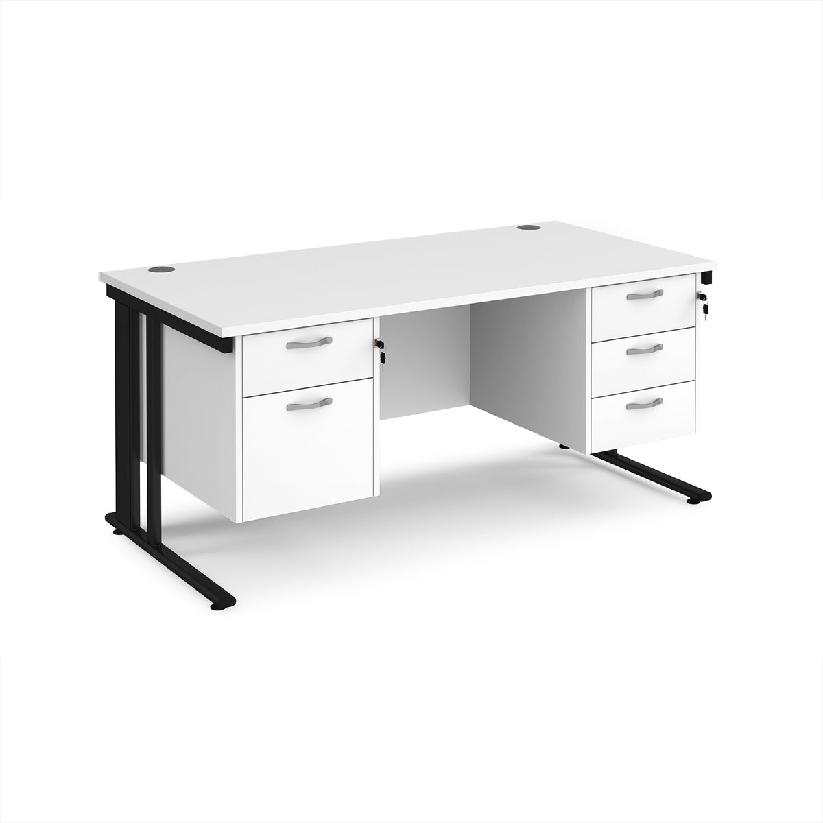 Maestro 25 straight desk 1600mm x 800mm with 2 and 3 drawer pedestals - black cable managed leg frame, White Top - view 1