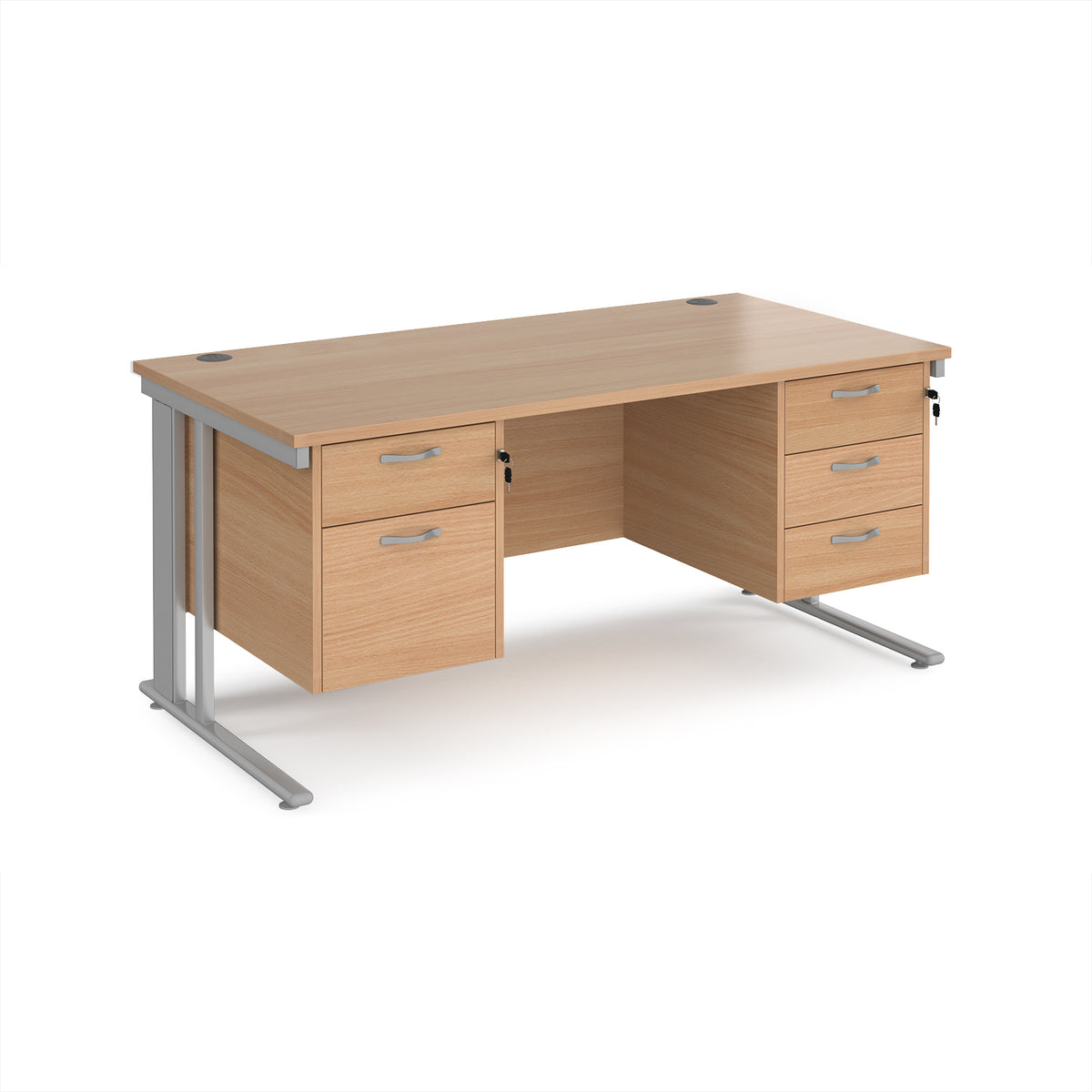 Maestro 25 straight desk 1600mm x 800mm with 2 and 3 drawer pedestals - silver cable managed leg frame, Beech top - view 1