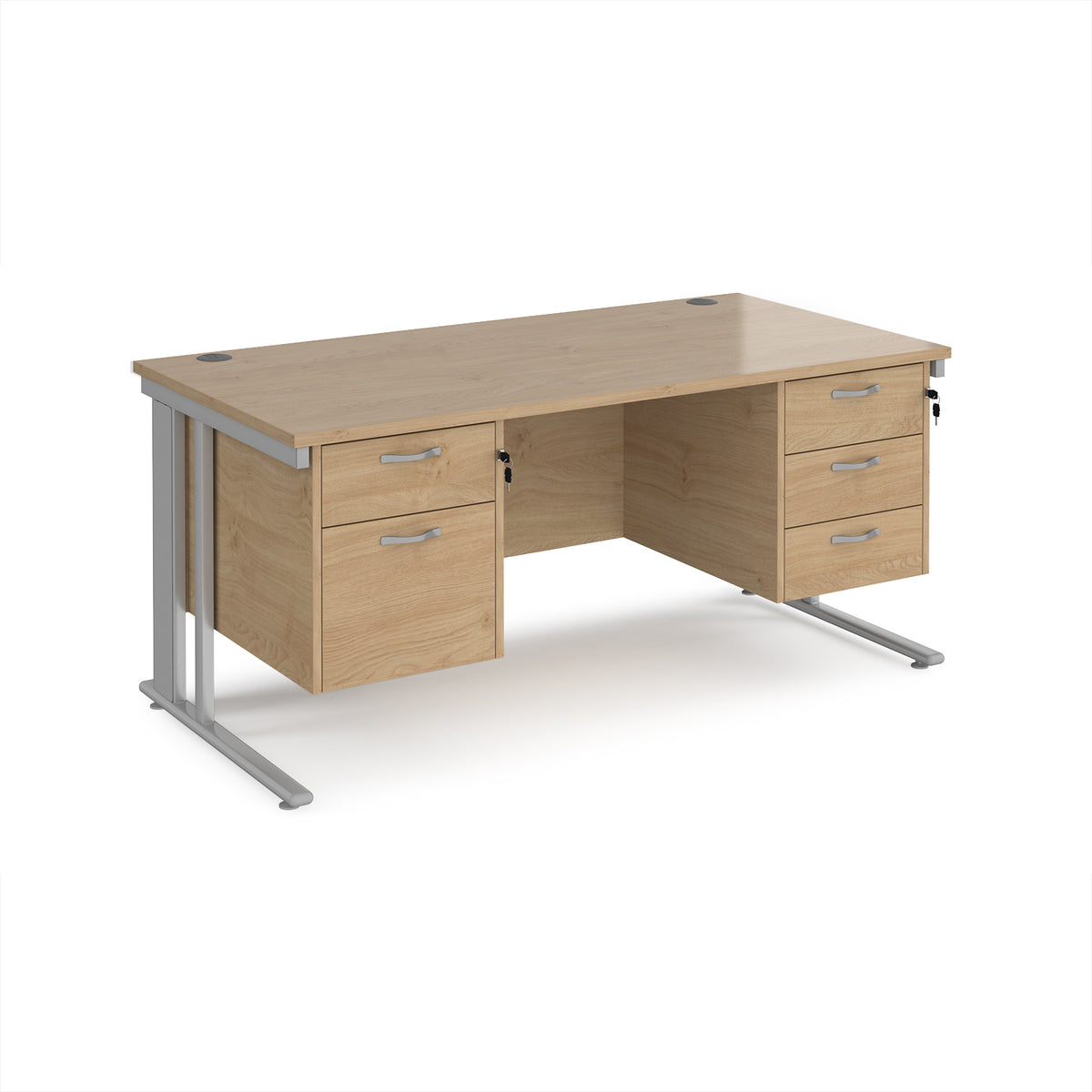 Maestro 25 straight desk 1600mm x 800mm with 2 and 3 drawer pedestals - silver cable managed leg frame, Kendal Oak Top - view 1