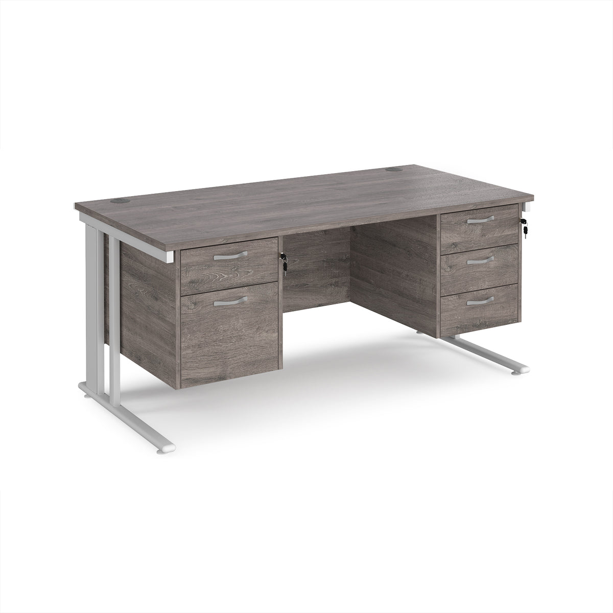 Maestro 25 straight desk 1600mm x 800mm with 2 and 3 drawer pedestals - white cable managed leg frame, Grey Oak Top - view 1