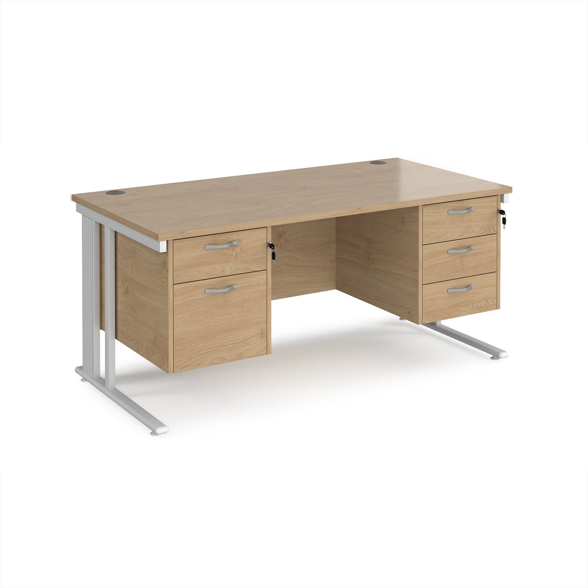 Maestro 25 straight desk 1600mm x 800mm with 2 and 3 drawer pedestals - white cable managed leg frame, Kendal Oak Top - view 1