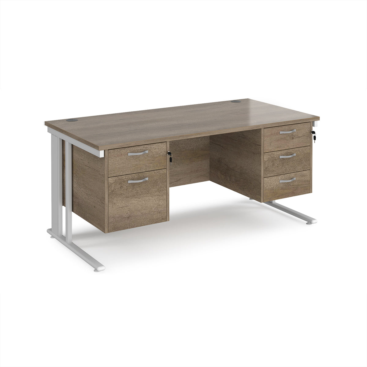 Maestro 25 straight desk 1600mm x 800mm with 2 and 3 drawer pedestals - white cable managed leg frame, Nebraska Oak Top - view 1