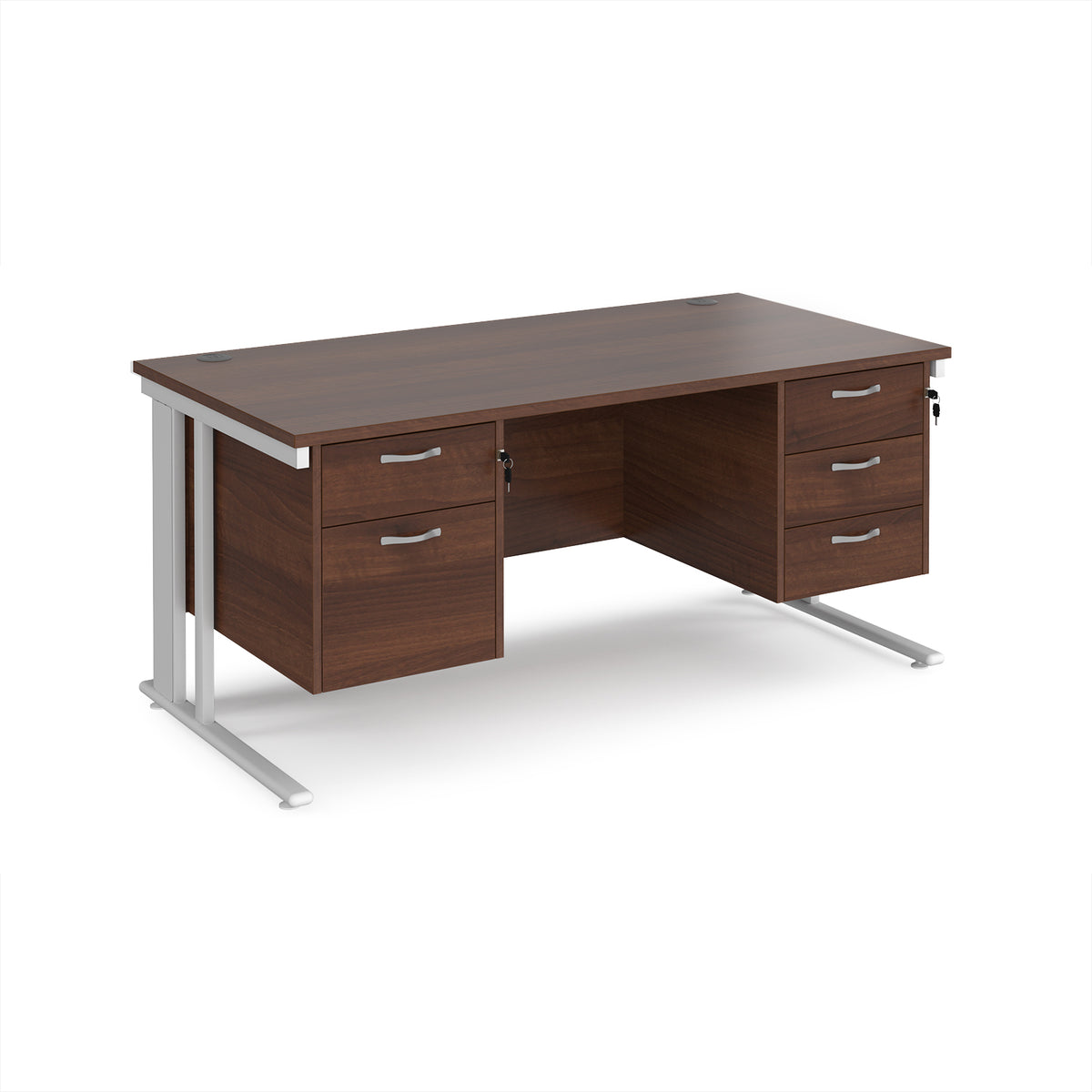 Maestro 25 straight desk 1600mm x 800mm with 2 and 3 drawer pedestals - white cable managed leg frame, Walnut top - view 1