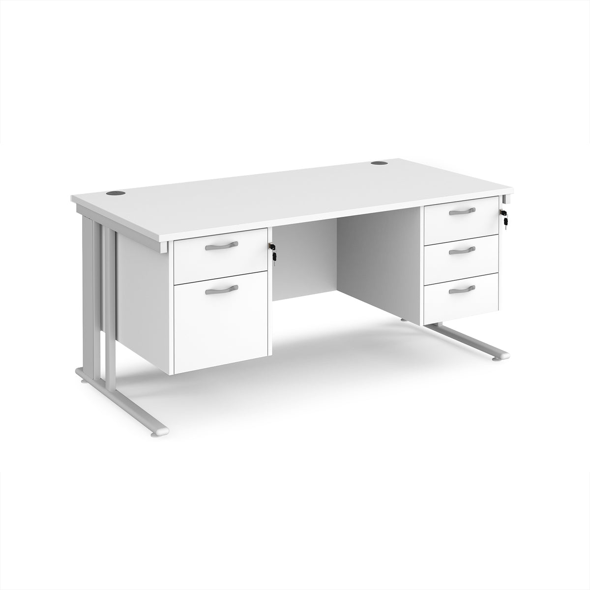 Maestro 25 straight desk 1600mm x 800mm with 2 and 3 drawer pedestals - white cable managed leg frame, White Top - view 1