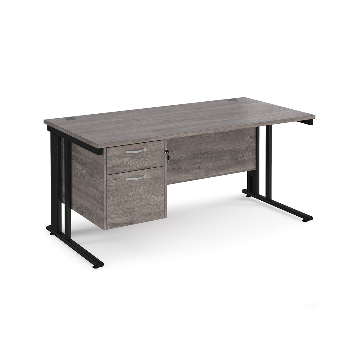 Maestro 25 straight desk 1600mm x 800mm with 2 drawer pedestal - black cable managed leg frame, Grey Oak Top - view 1
