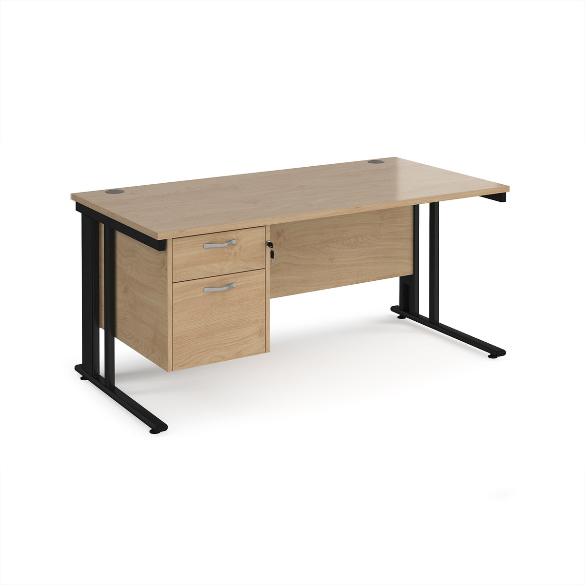 Maestro 25 straight desk 1600mm x 800mm with 2 drawer pedestal - black cable managed leg frame, Kendal Oak Top - view 1