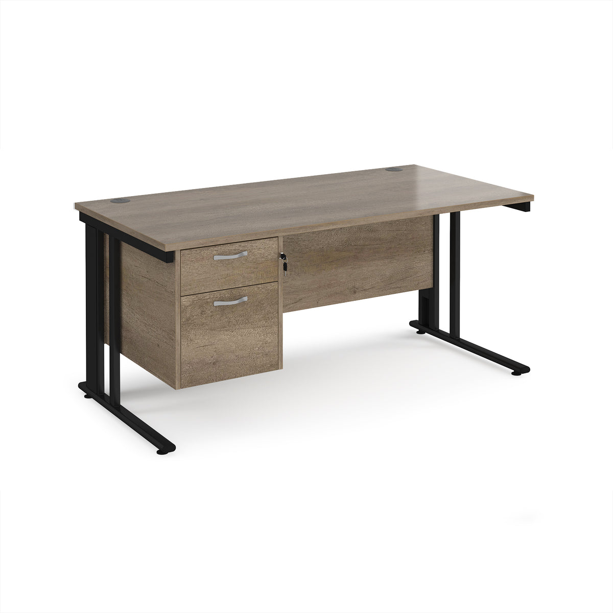 Maestro 25 straight desk 1600mm x 800mm with 2 drawer pedestal - black cable managed leg frame, Nebraska Oak Top - view 1