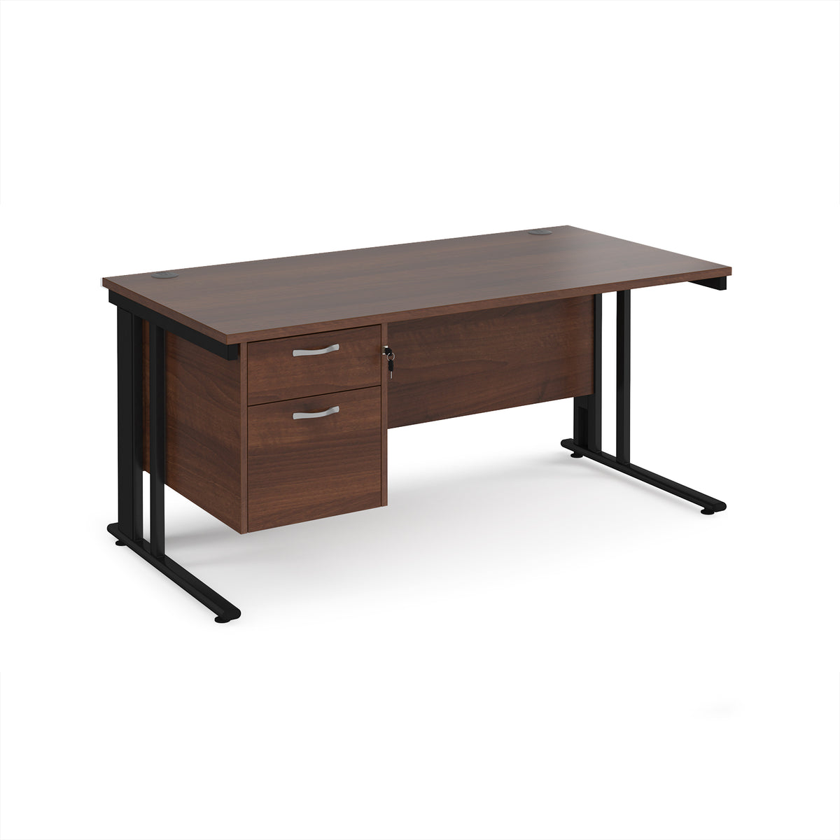 Maestro 25 straight desk 1600mm x 800mm with 2 drawer pedestal - black cable managed leg frame, Walnut top - view 1