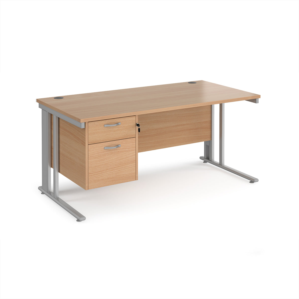 Maestro 25 straight desk 1600mm x 800mm with 2 drawer pedestal - silver cable managed leg frame, Beech top - view 1