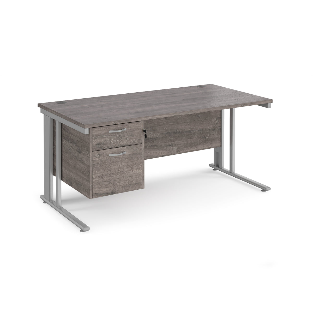 Maestro 25 straight desk 1600mm x 800mm with 2 drawer pedestal - silver cable managed leg frame, Grey Oak Top - view 1