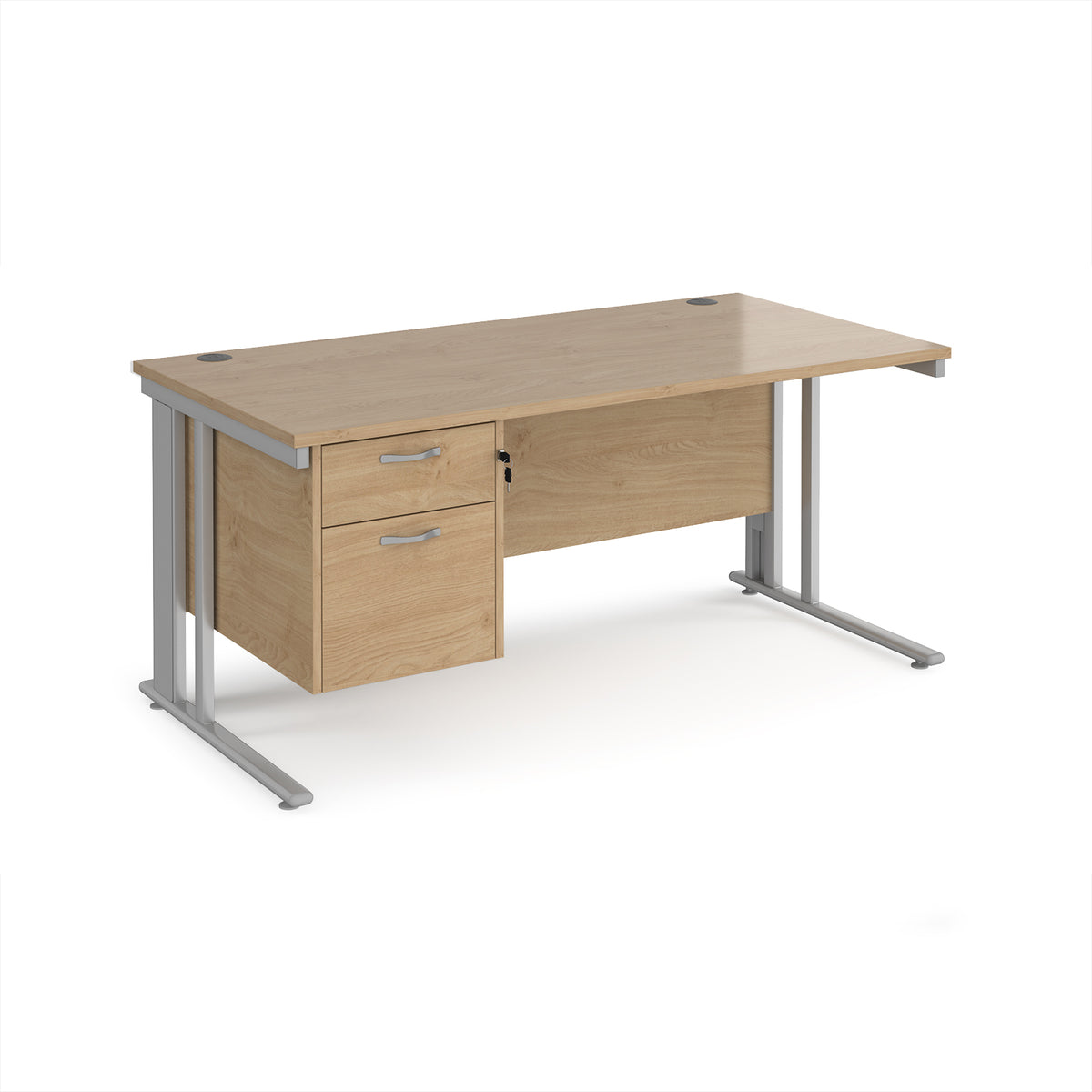 Maestro 25 straight desk 1600mm x 800mm with 2 drawer pedestal - silver cable managed leg frame, Kendal Oak Top - view 1