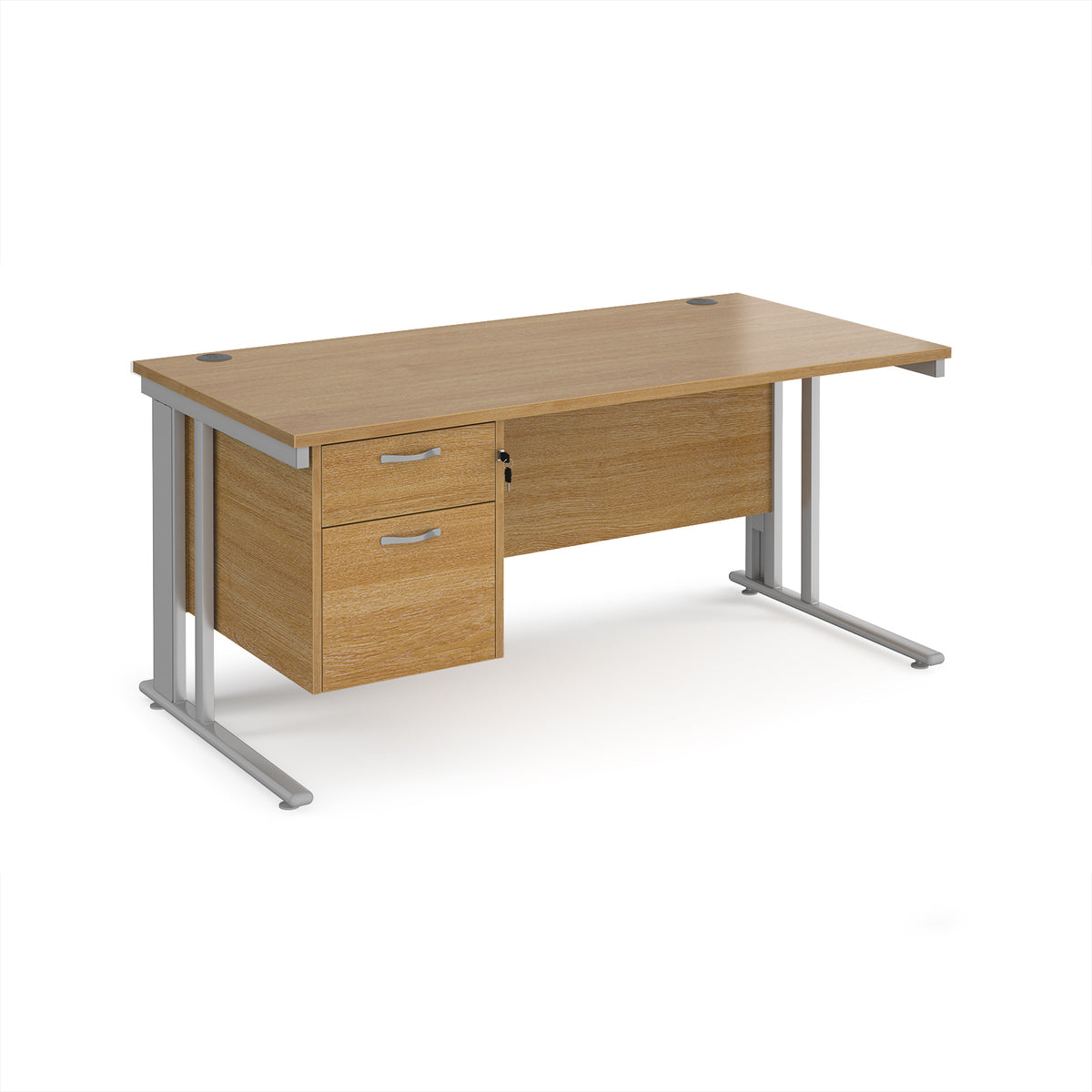 Maestro 25 straight desk 1600mm x 800mm with 2 drawer pedestal - silver cable managed leg frame, Oak Top - view 1