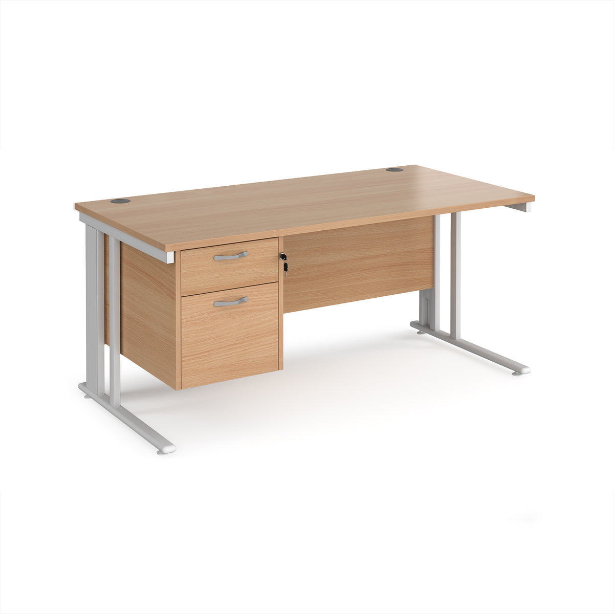 Maestro 25 straight desk 1600mm x 800mm with 2 drawer pedestal - white cable managed leg frame, Beech top - view 1