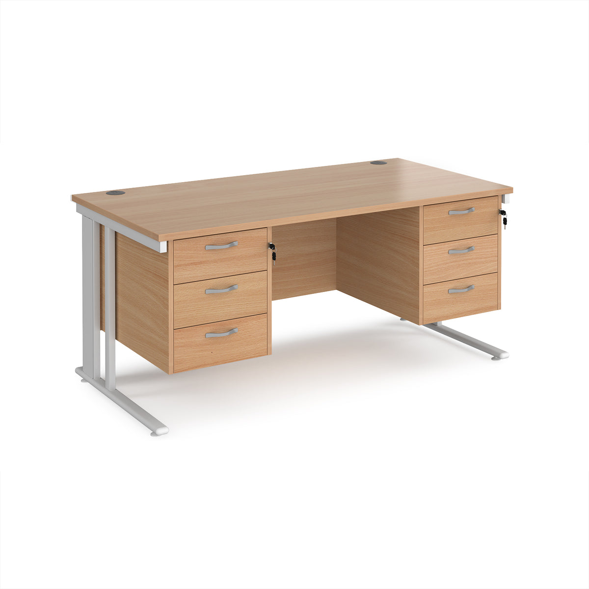Maestro 25 straight desk 1600mm x 800mm with two x 3 drawer pedestals - white cable managed leg frame, Beech top - view 1