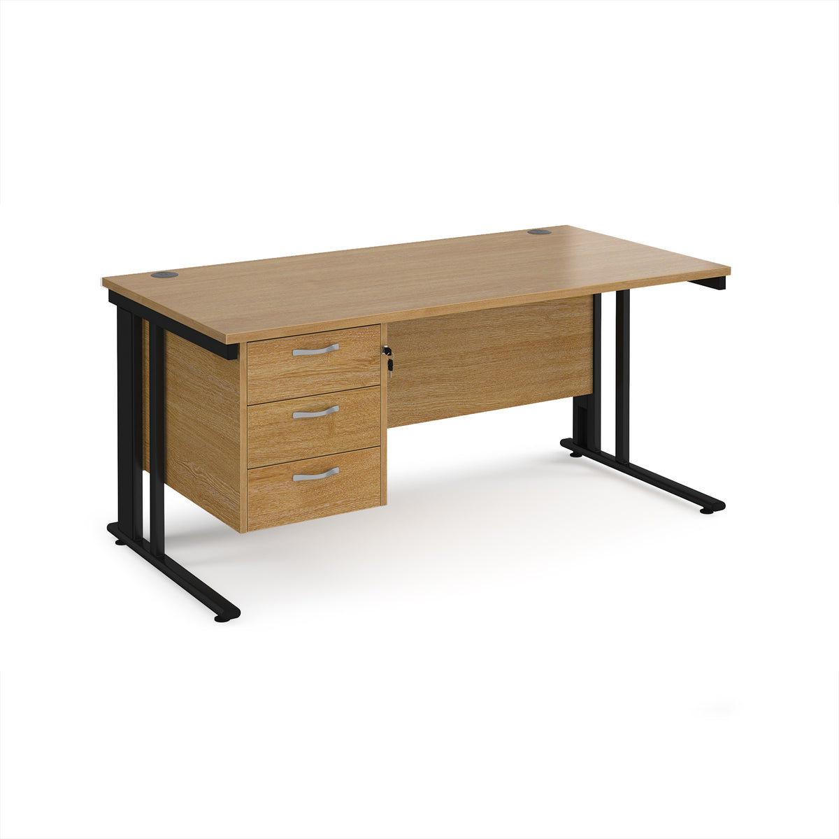 Maestro 25 straight desk 1600mm x 800mm with 3 drawer pedestal - black cable managed leg frame, Oak Top - view 1