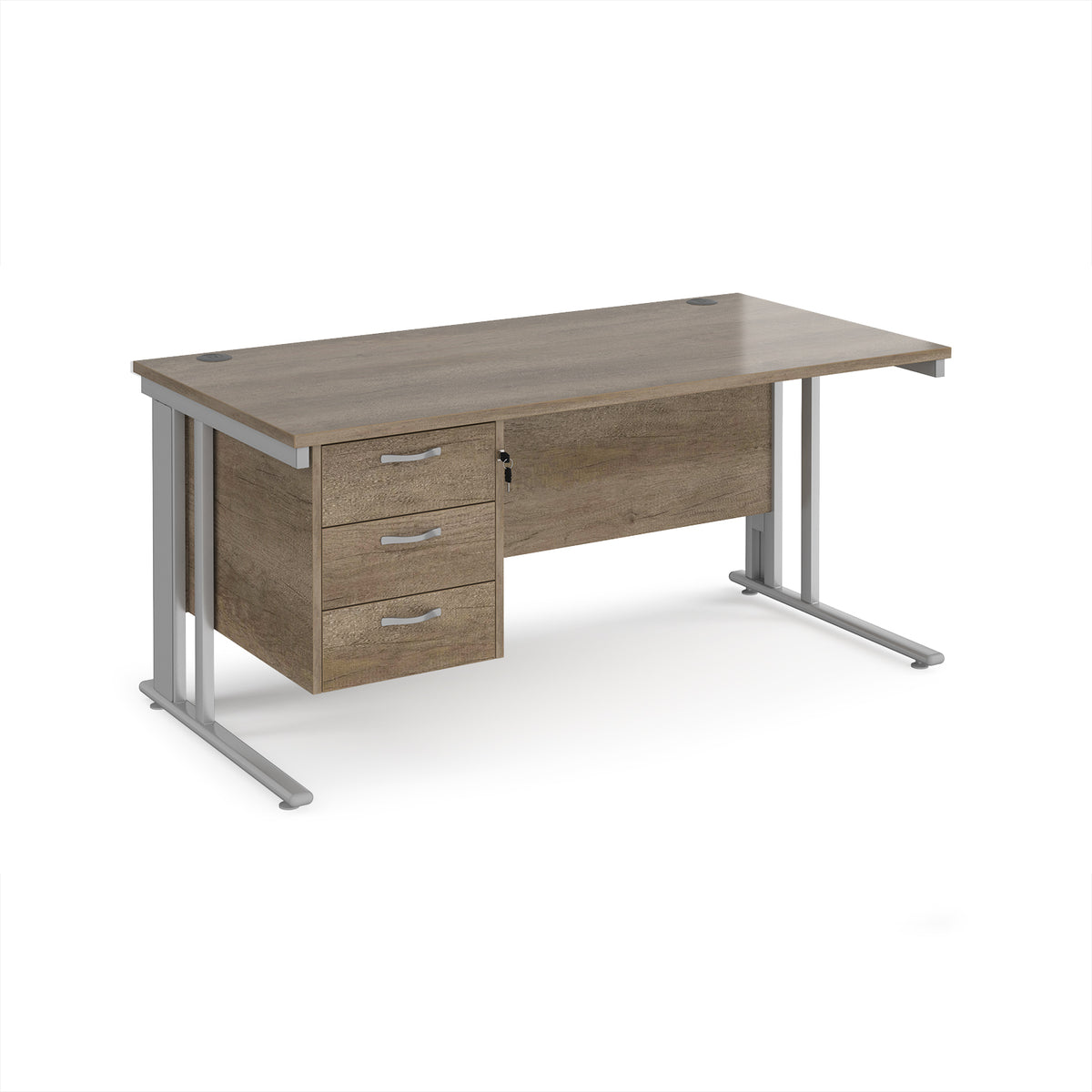 Maestro 25 straight desk 1600mm x 800mm with 3 drawer pedestal - silver cable managed leg frame, Nebraska Oak Top - view 1