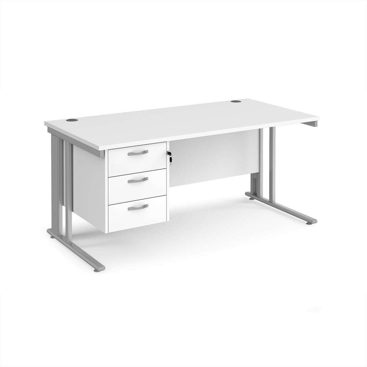 Maestro 25 straight desk 1600mm x 800mm with 3 drawer pedestal - silver cable managed leg frame, White Top - view 1