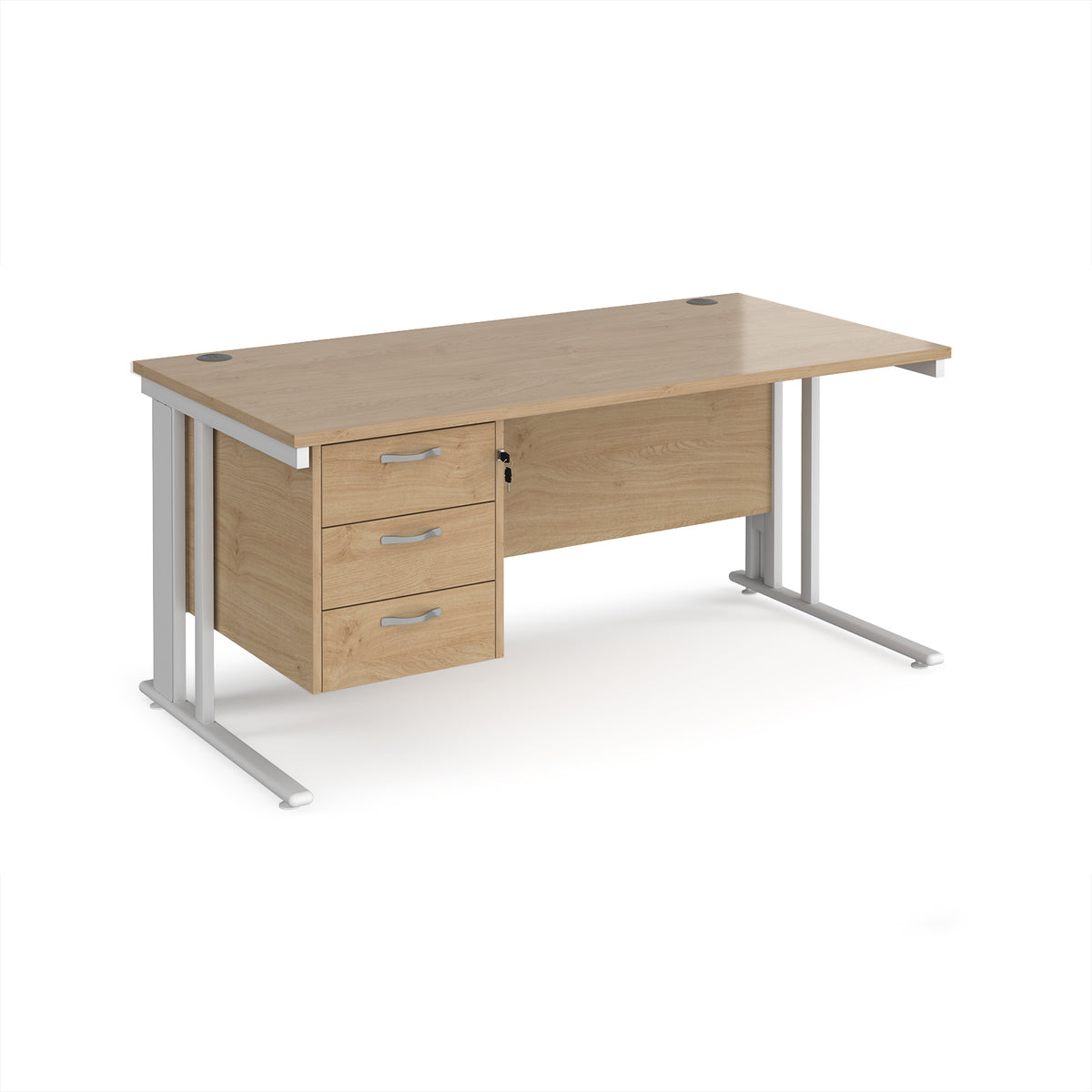 Maestro 25 straight desk 1600mm x 800mm with 3 drawer pedestal - white cable managed leg frame, Kendal Oak Top - view 1