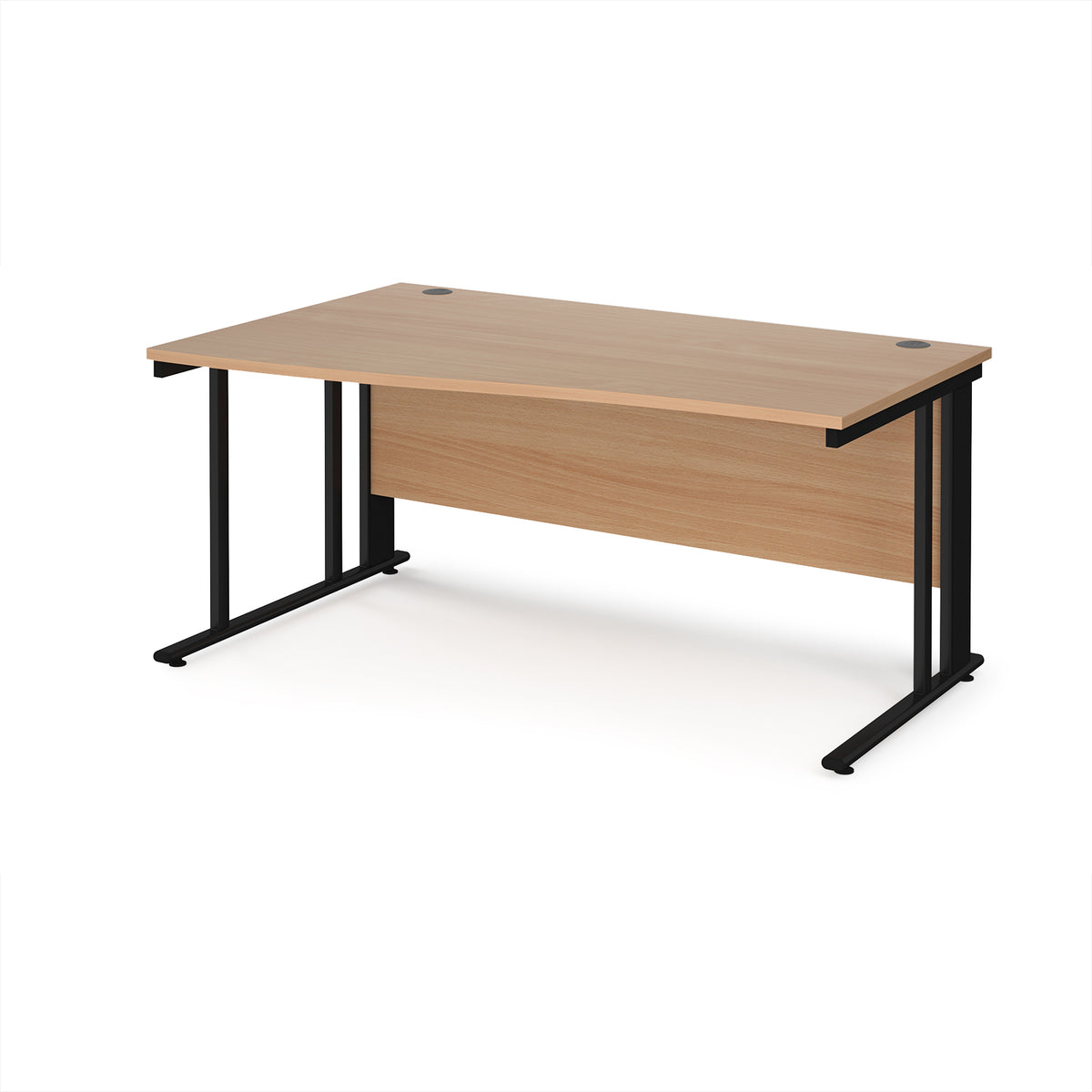 Maestro 25 left hand wave desk 1600mm wide - black cable managed leg frame, Beech top - view 1