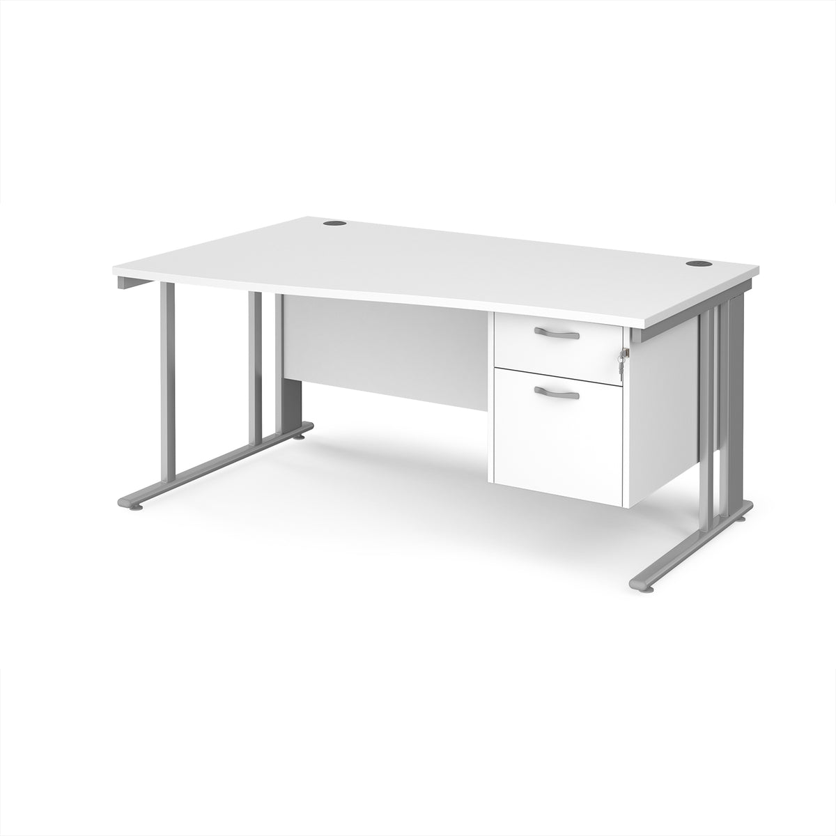 Maestro 25 left hand wave desk 1600mm wide with 2 drawer pedestal - silver cable managed leg frame, White Top - view 1