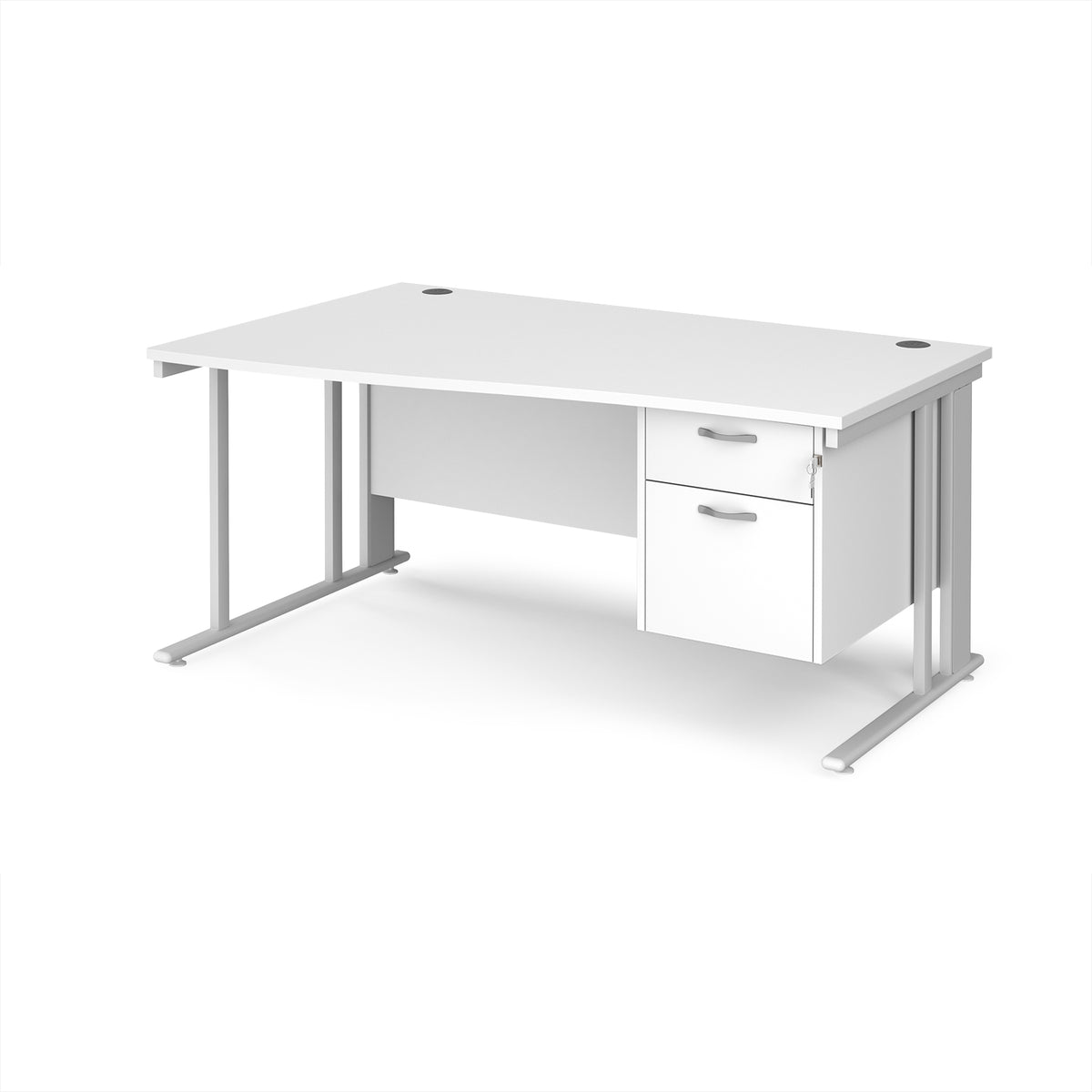 Maestro 25 left hand wave desk 1600mm wide with 2 drawer pedestal - white cable managed leg frame, White Top - view 1
