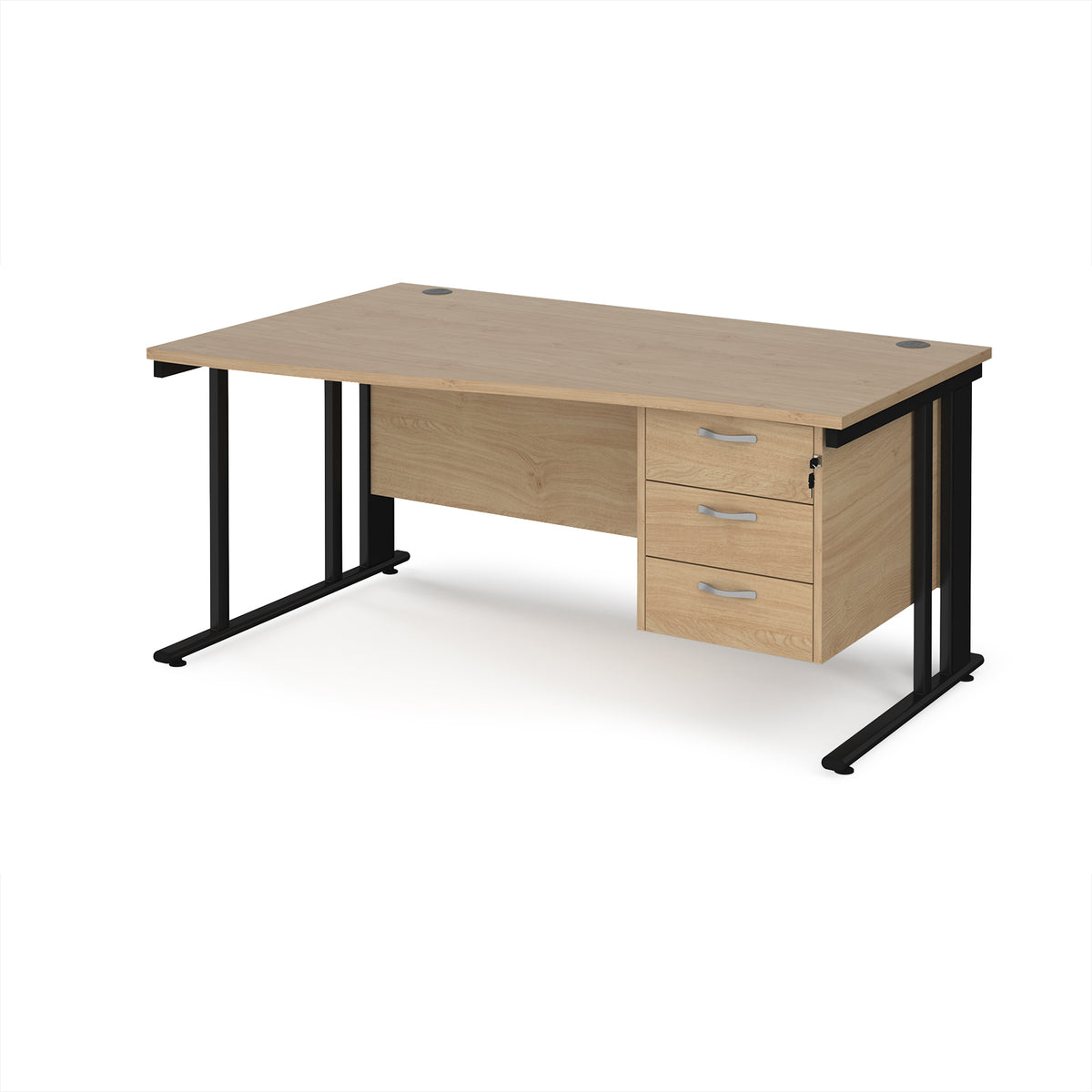 Maestro 25 left hand wave desk 1600mm wide with 3 drawer pedestal - black cable managed leg frame, Kendal Oak Top - view 1