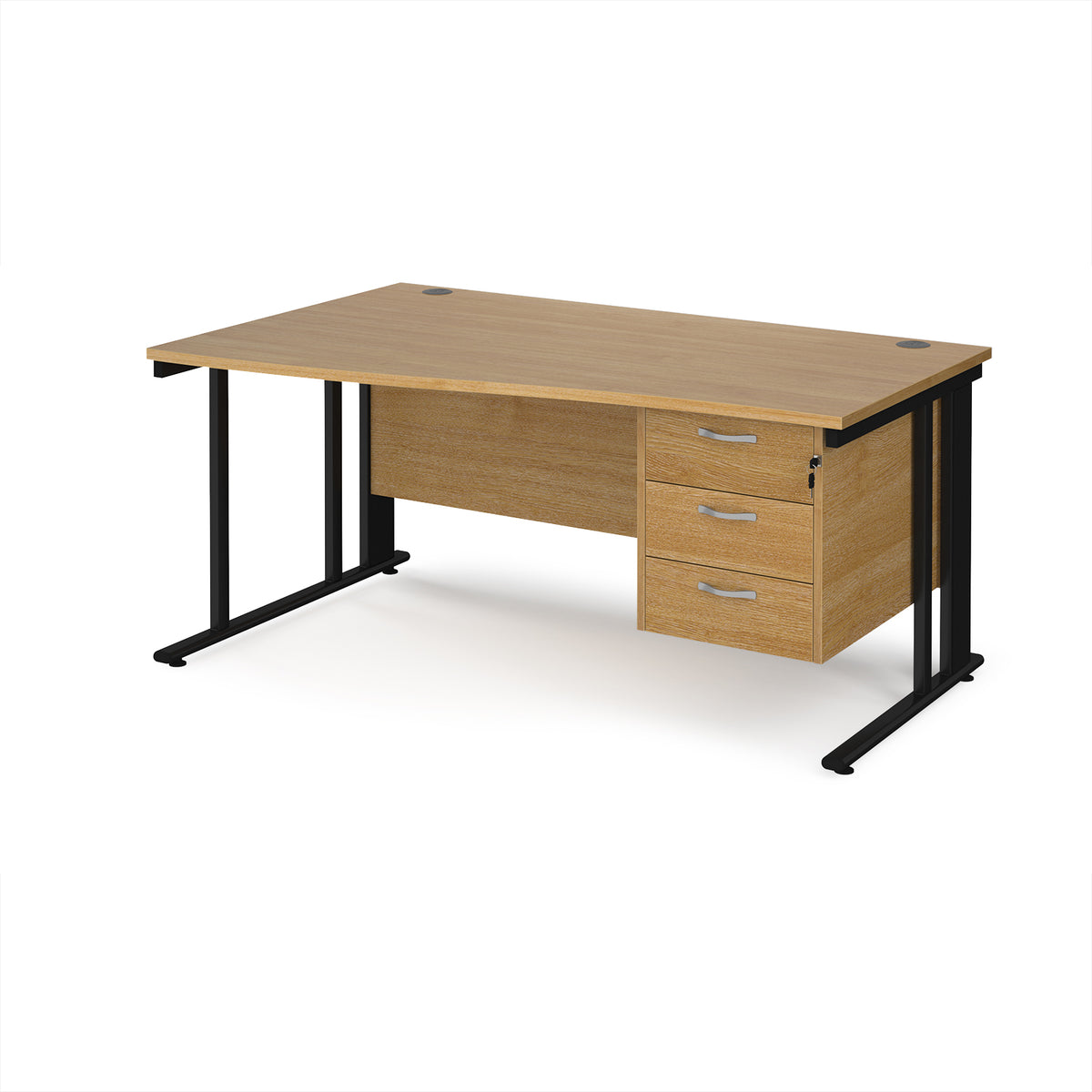 Maestro 25 left hand wave desk 1600mm wide with 3 drawer pedestal - black cable managed leg frame, Oak Top - view 1