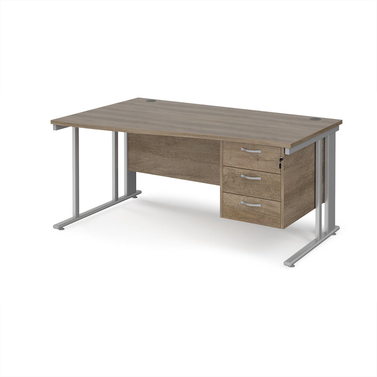 Maestro 25 left hand wave desk 1600mm wide with 3 drawer pedestal - silver cable managed leg frame, Nebraska Oak Top - view 1