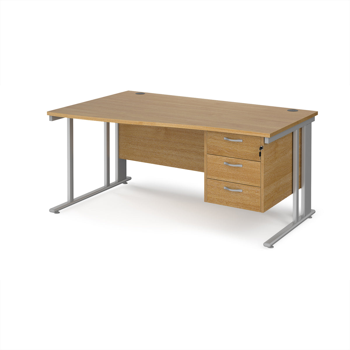 Maestro 25 left hand wave desk 1600mm wide with 3 drawer pedestal - silver cable managed leg frame, Oak Top - view 1