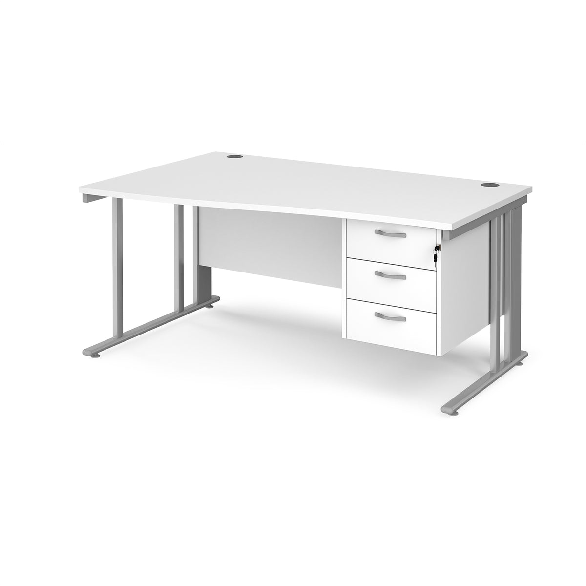 Maestro 25 left hand wave desk 1600mm wide with 3 drawer pedestal - silver cable managed leg frame, White Top - view 1