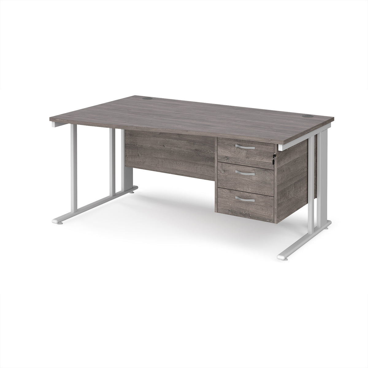 Maestro 25 left hand wave desk 1600mm wide with 3 drawer pedestal - white cable managed leg frame, Grey Oak Top - view 1