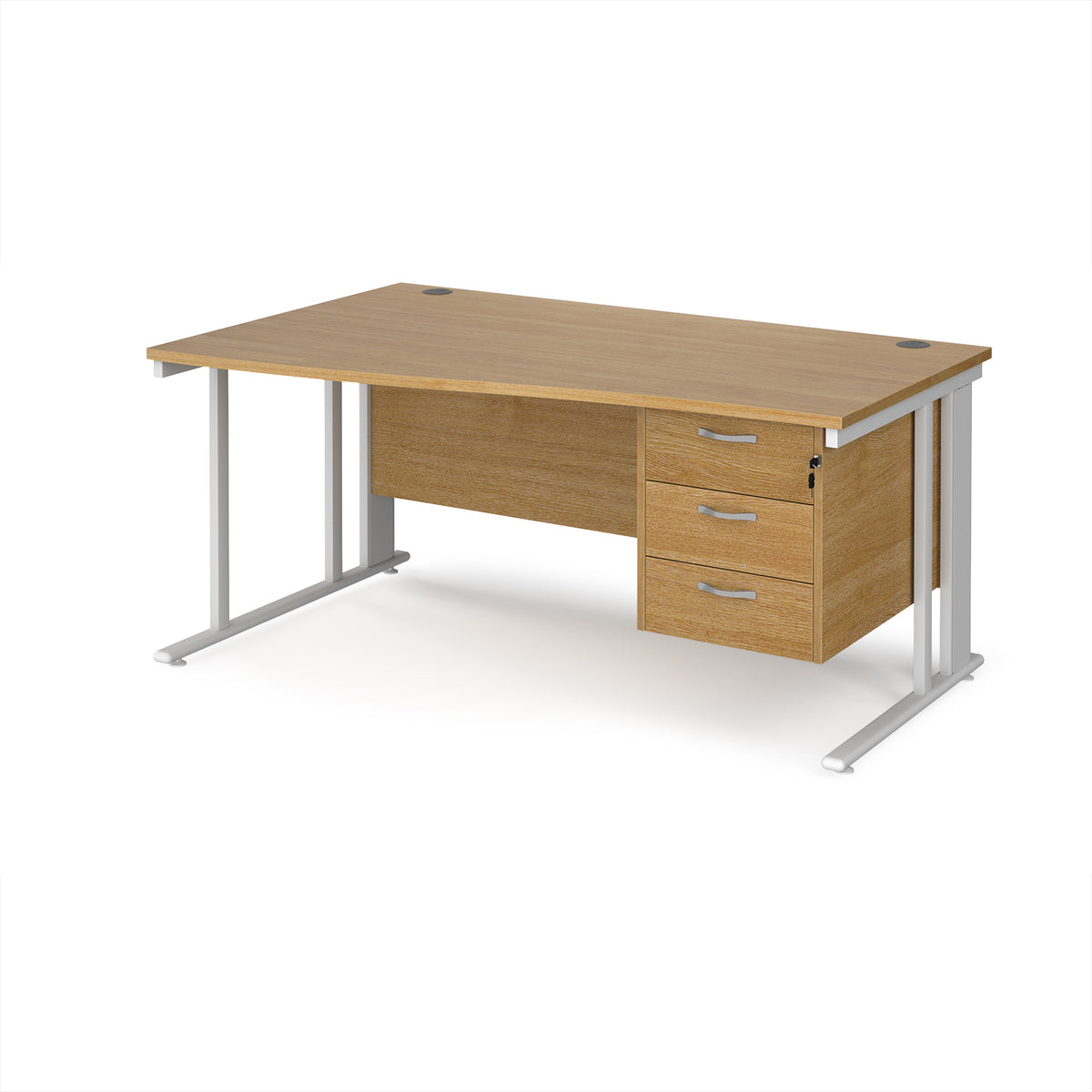Maestro 25 left hand wave desk 1600mm wide with 3 drawer pedestal - white cable managed leg frame, Oak Top - view 1