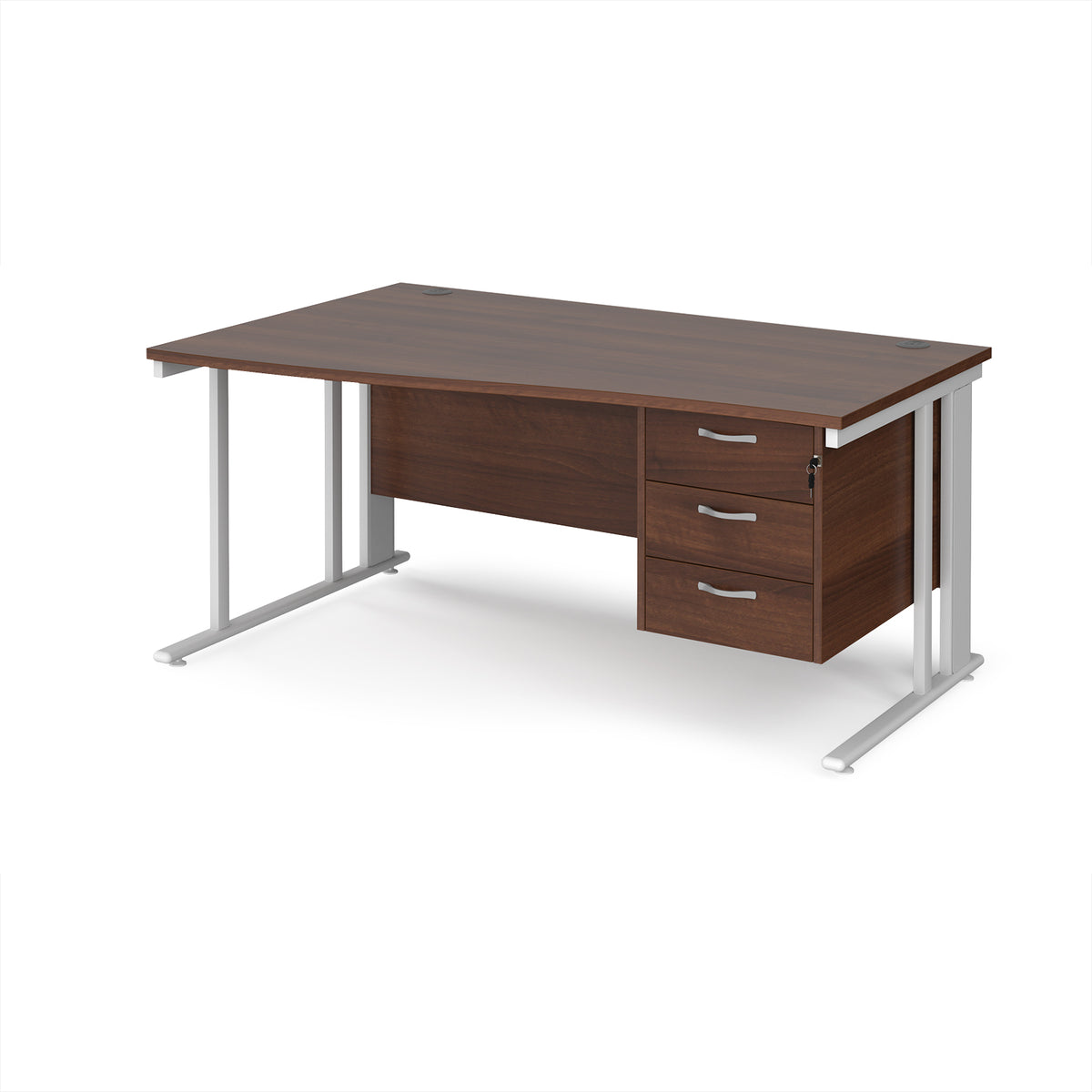 Maestro 25 left hand wave desk 1600mm wide with 3 drawer pedestal - white cable managed leg frame, Walnut top - view 1