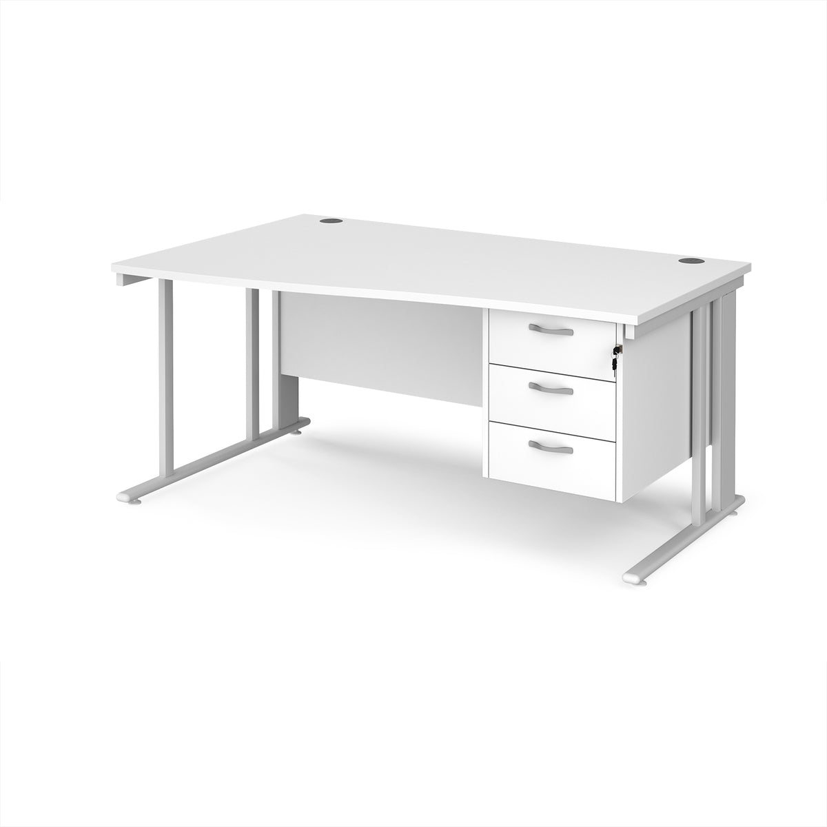 Maestro 25 left hand wave desk 1600mm wide with 3 drawer pedestal - white cable managed leg frame, White Top - view 1