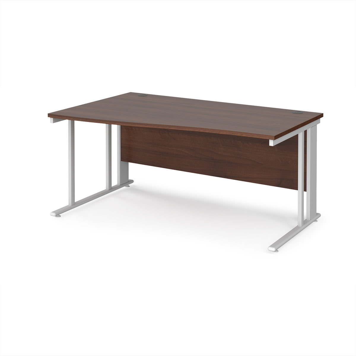 Maestro 25 left hand wave desk 1600mm wide - white cable managed leg frame, Walnut top - view 1