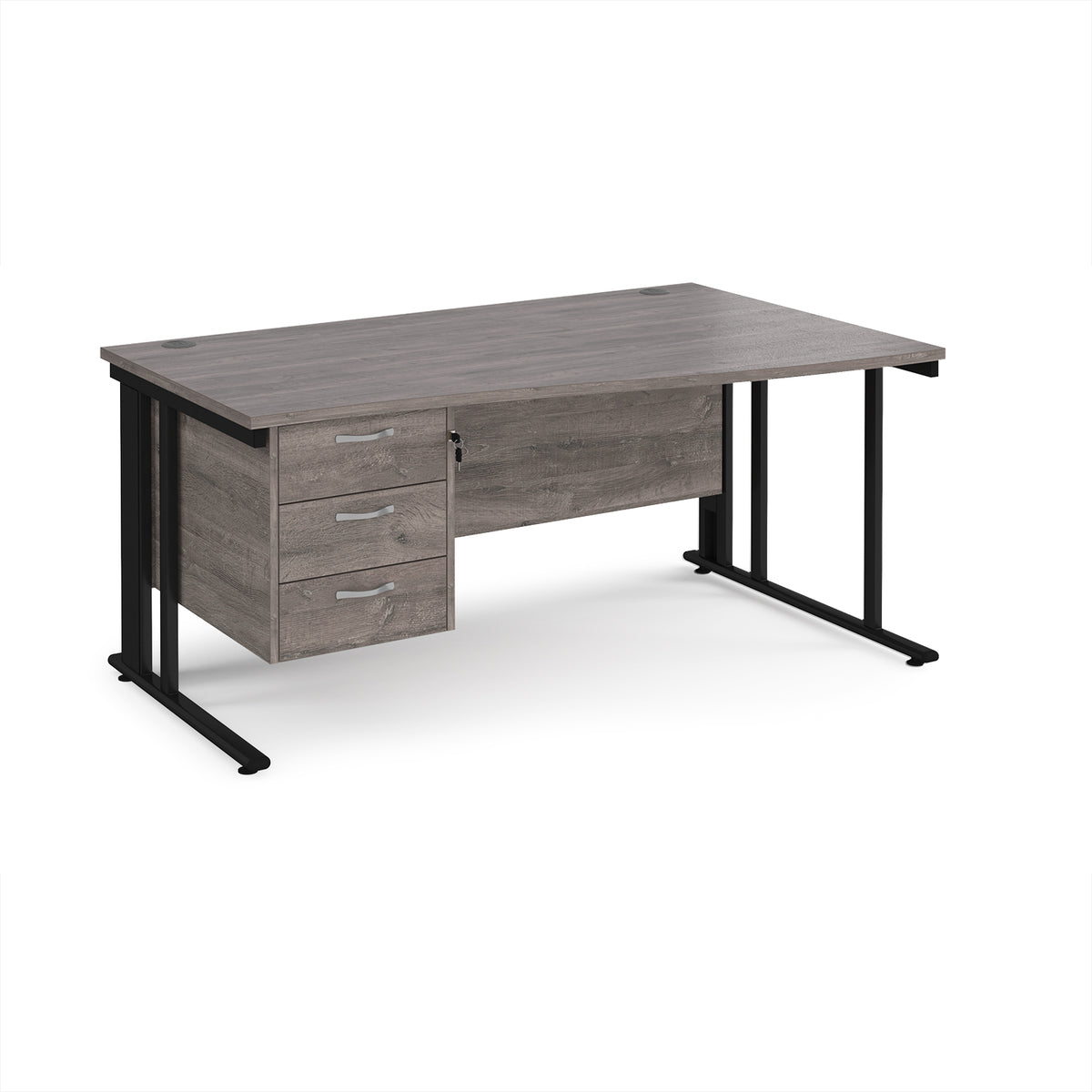 Maestro 25 right hand wave desk 1600mm wide with 3 drawer pedestal - black cable managed leg frame, Grey Oak Top - view 1