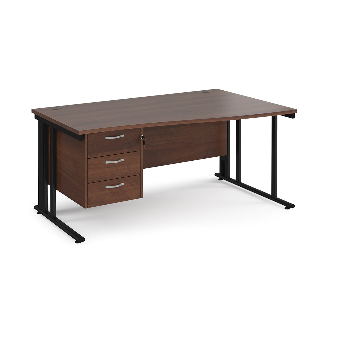 Maestro 25 right hand wave desk 1600mm wide with 3 drawer pedestal - black cable managed leg frame, Walnut top - view 1