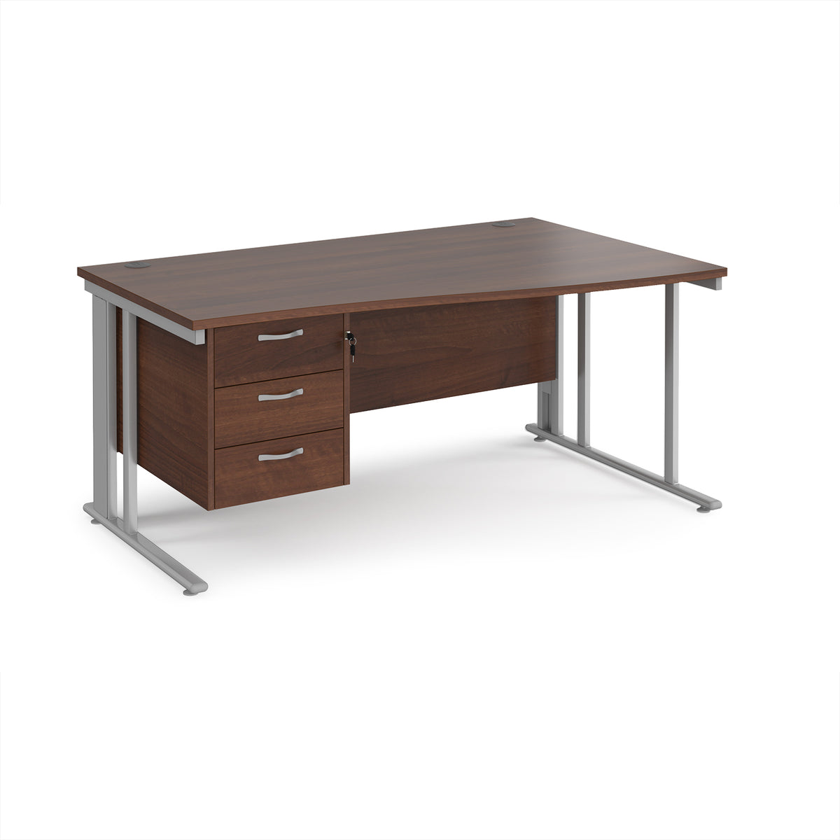Maestro 25 right hand wave desk 1600mm wide with 3 drawer pedestal - silver cable managed leg frame, Walnut top - view 1
