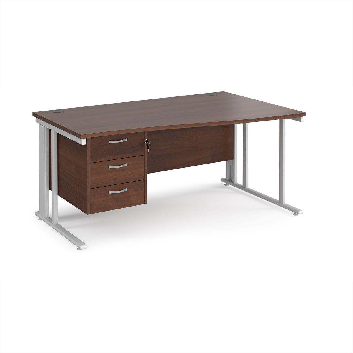Maestro 25 right hand wave desk 1600mm wide with 3 drawer pedestal - white cable managed leg frame, Walnut top - view 1