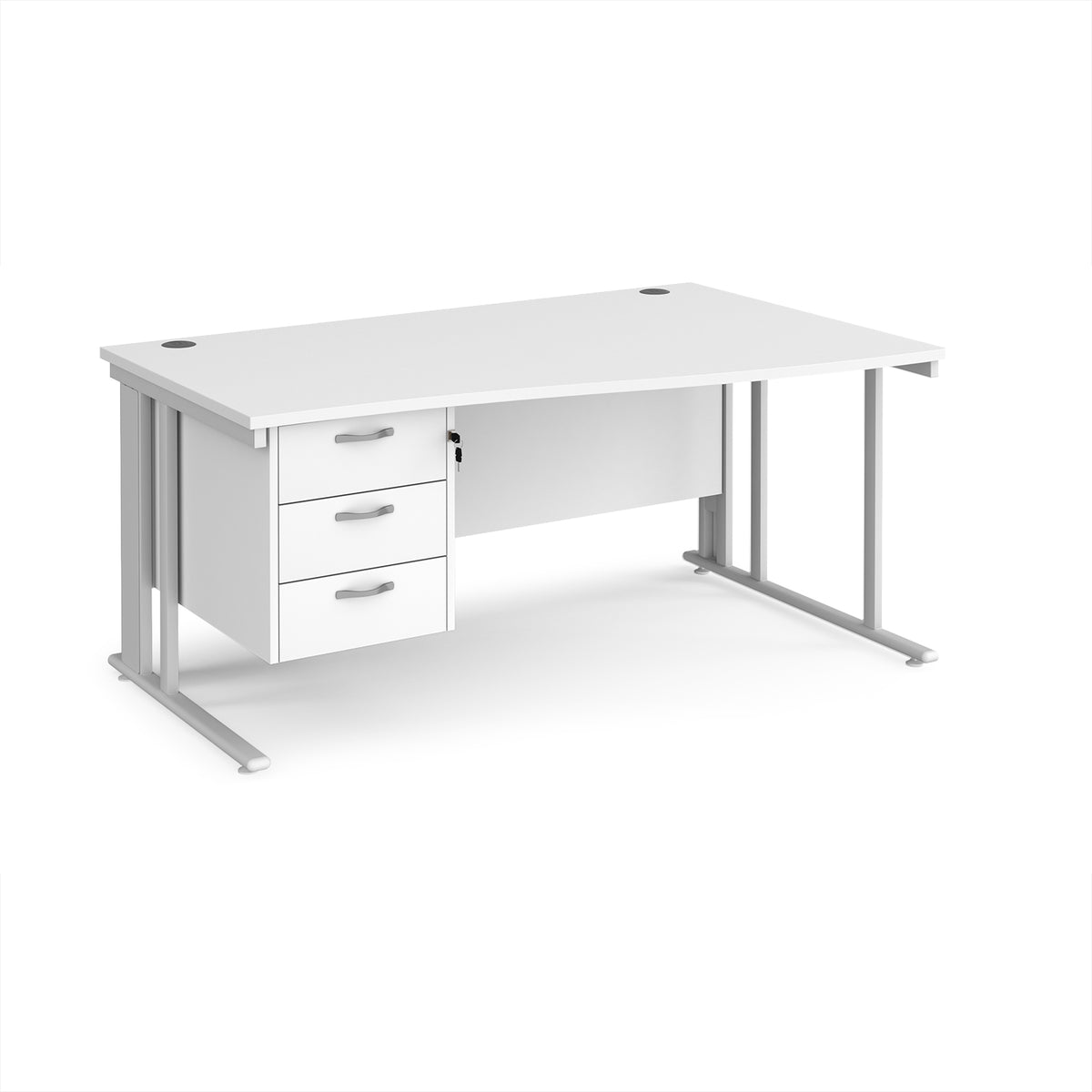 Maestro 25 right hand wave desk 1600mm wide with 3 drawer pedestal - white cable managed leg frame, White Top - view 1