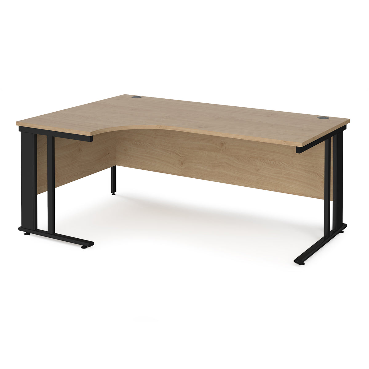 Maestro 25 left hand ergonomic desk 1800mm wide - black cable managed leg frame, Kendal Oak Top - view 1