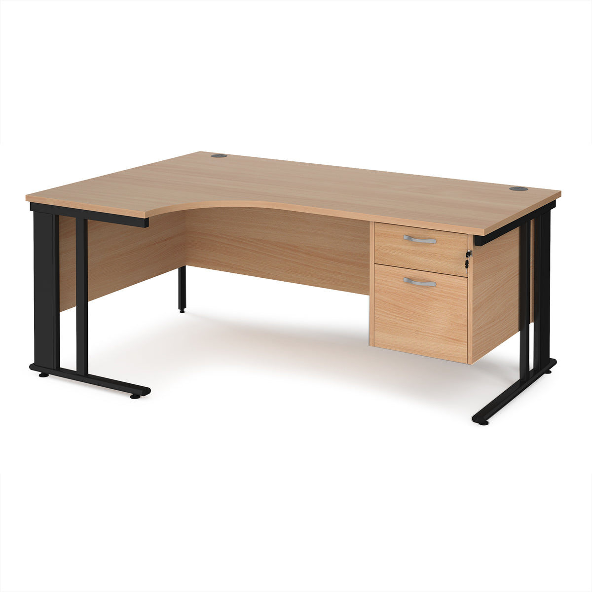 Maestro 25 left hand ergonomic desk 1800mm wide with 2 drawer pedestal - black cable managed leg frame, Beech top - view 1