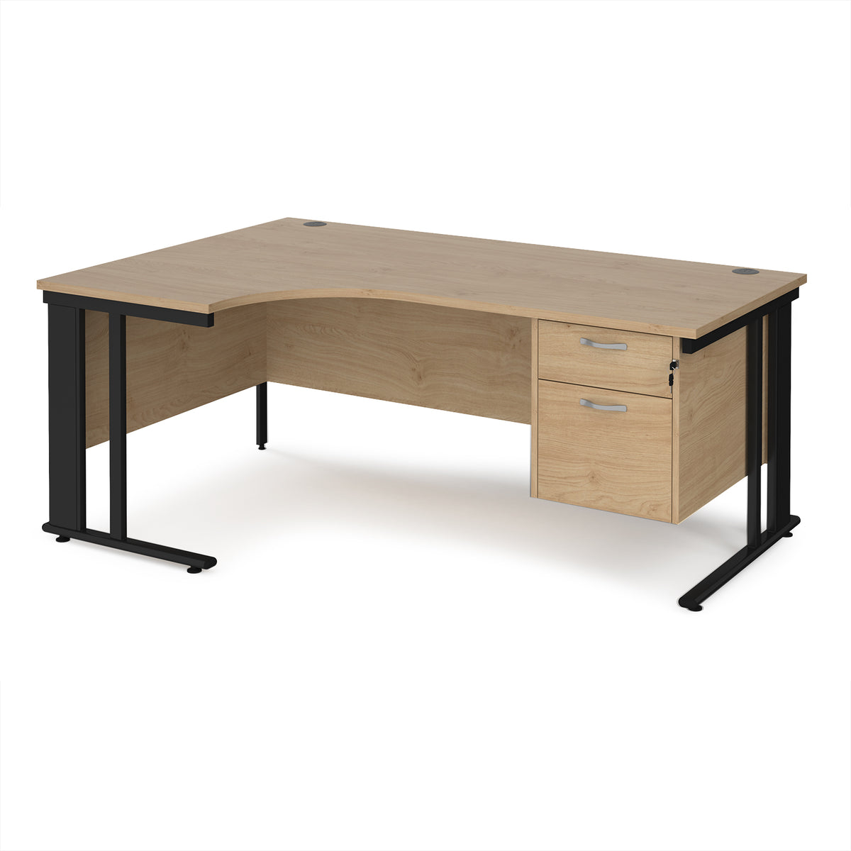 Maestro 25 left hand ergonomic desk 1800mm wide with 2 drawer pedestal - black cable managed leg frame, Kendal Oak Top - view 1