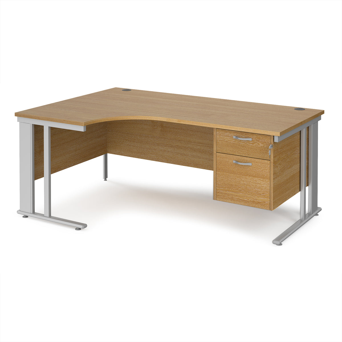 Maestro 25 left hand ergonomic desk 1800mm wide with 2 drawer pedestal - silver cable managed leg frame, Oak Top - view 1